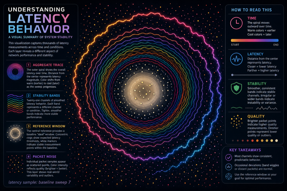 An infographic titled 'Understanding Latency Behavior — A Visual Summary of System Stability', showing a similar but visibly different space/ring visualisation with brighter rainbow-coloured concentric bands. Sections describe Aggregate Trace, Stability Bands, Reference Window, and Packet Noise.